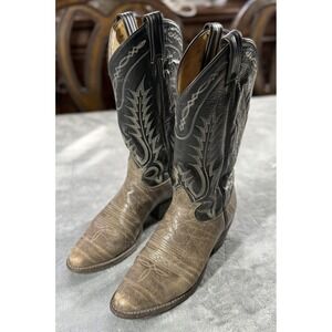 Tony Lama Boots Mens Size 7.5 D Vtg BlackGray Western Cowboy Leather Pointed Toe